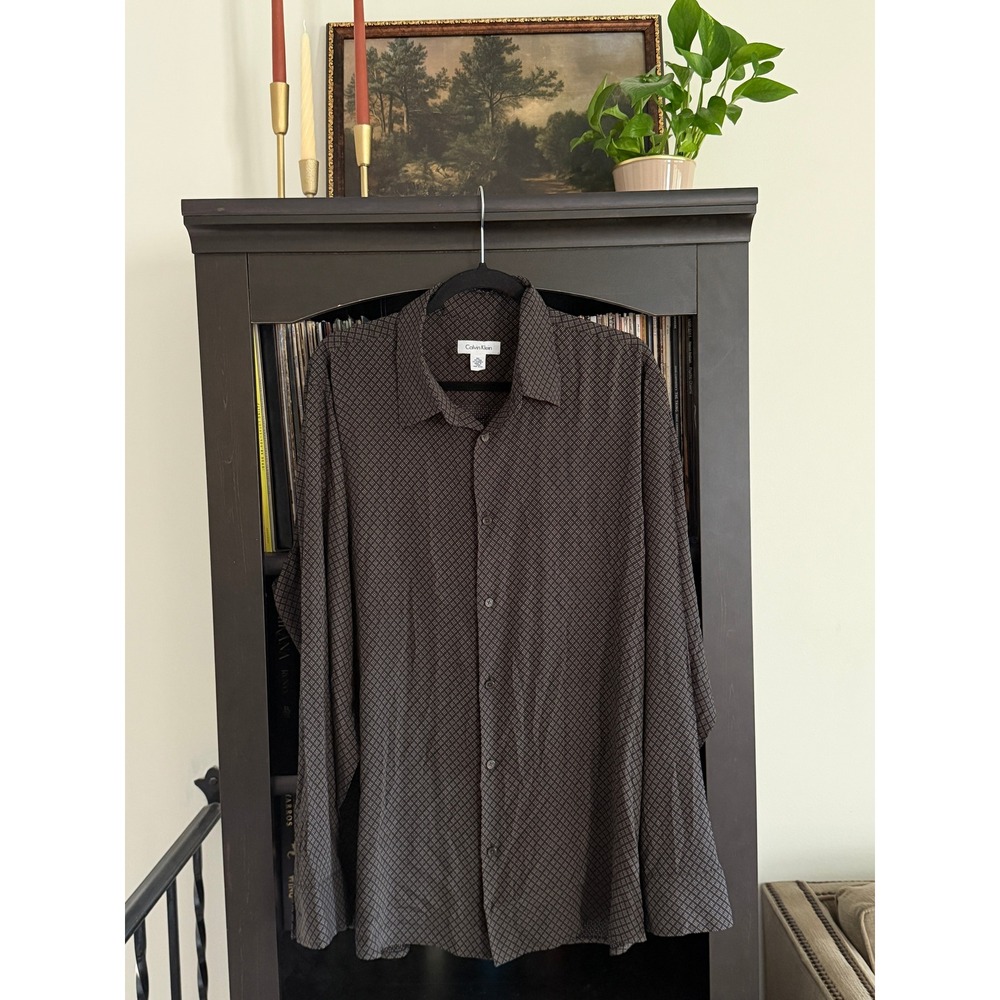 Calvin Klein Silk Blend Geometric Print Button Down XL Brown Long Sleeve Shirt